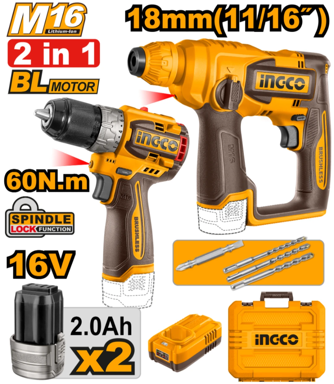 KIT COMBO 2 PCS A BATERIA 16V BRUSHLESS MOTOR ROTOMARTILLO 18MM + TALADRO ATORNILLADOR 60NM C/ 2 BATERIAS, CARGADOR, VAL