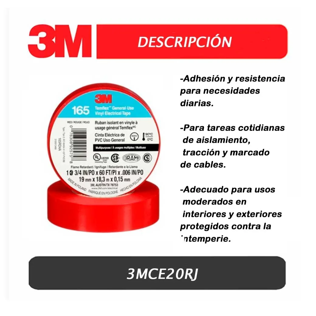 CINTA AISLANTE 3M ROJO 1700 - 20 YARD X 19MM