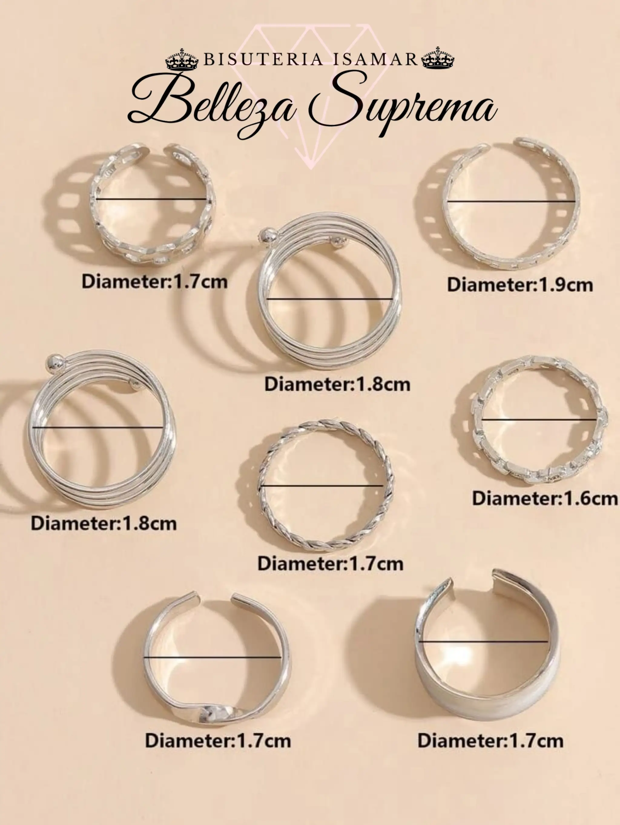 SET DE 8 ANILLOS PLATEADO BRILLANTE 4