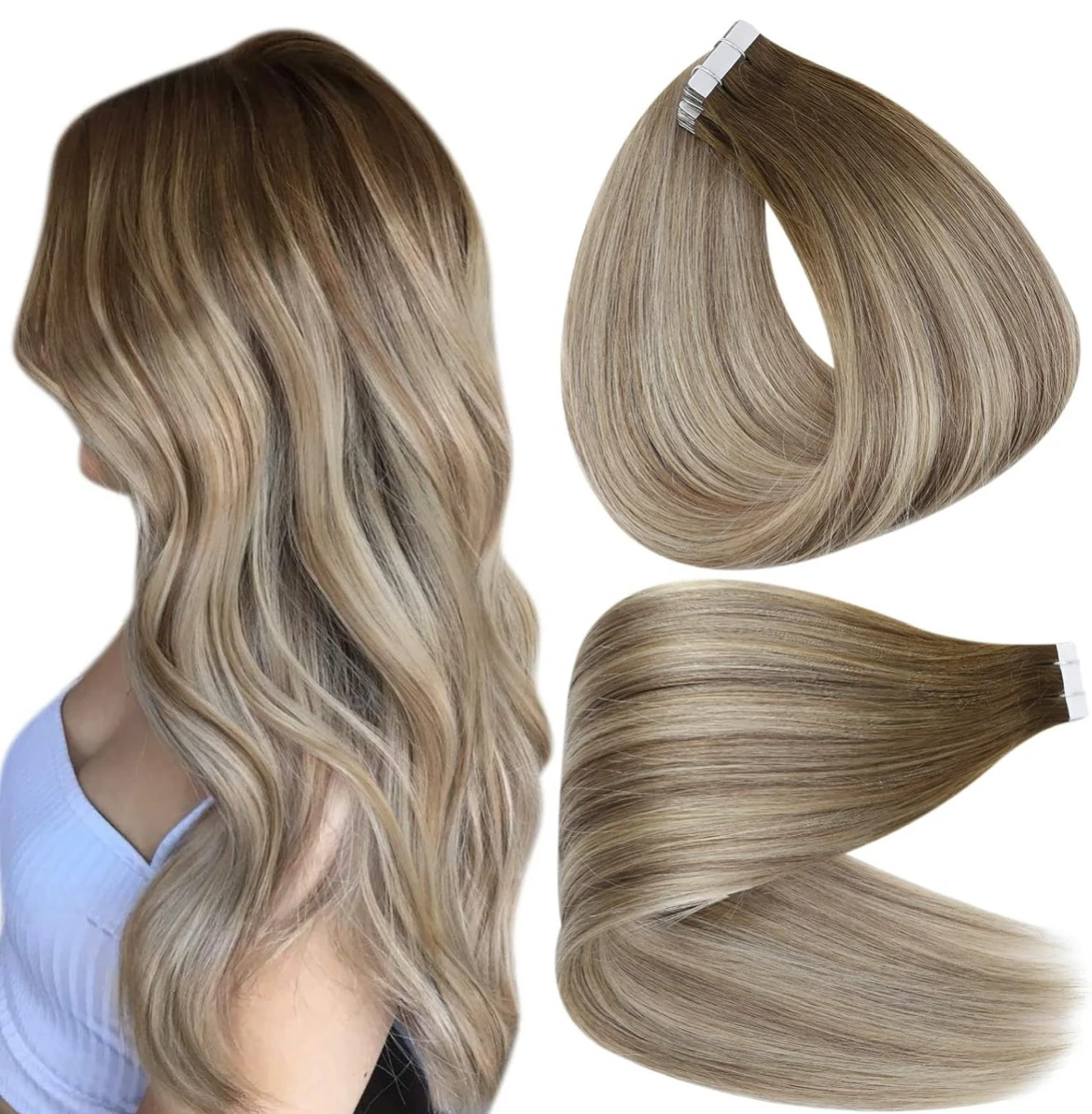 Extensiones de cabello humano Remy, con cinta adhesiva, trama de piel, balayage, color 3 que se desvanece a 8 con reflejos 22, rubio medio, 40.5 cm, 50 g, 20 unidades