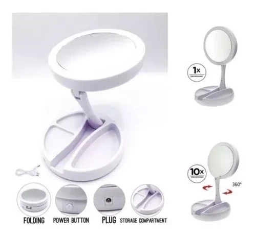 ESPEJO ARO MAQUILLAJE DOBLE CARA X10 LUZ OBJETOS PLEGABLE 2