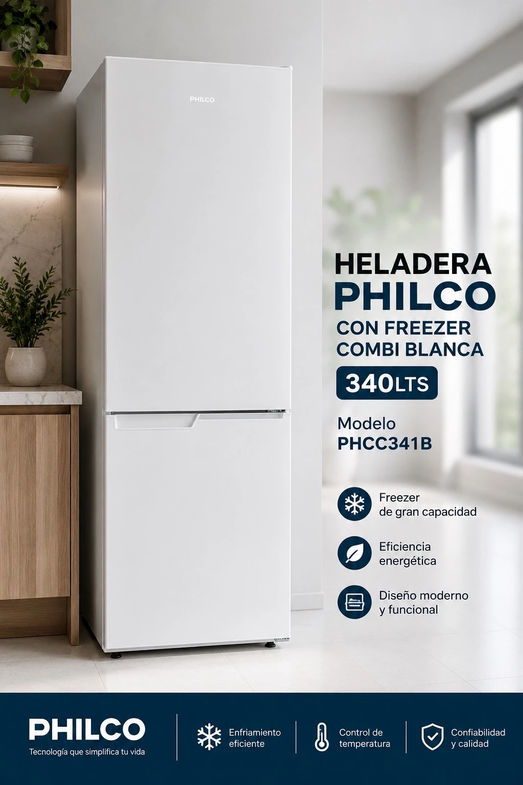 HELADERA CON FREEZER PHILCO PHCC341B 340LTS COMBI BLANCA