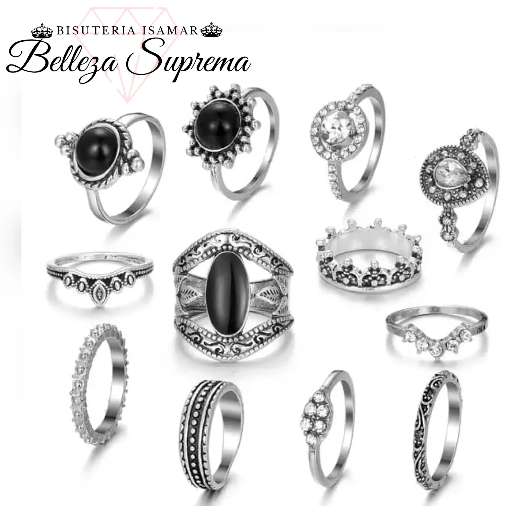 SET DE 12 ANILLOS EN PLATA QUEMADA PEDRERIA NEGRA  2