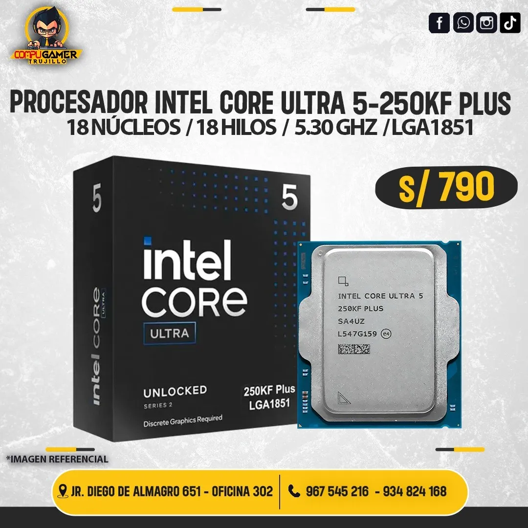 PROCESADOR INTEL CORE ULTRA 5-250KF PLUS, 18 NÚCLEOS, 18 HILOS, 5.30GHZ, LGA1851 