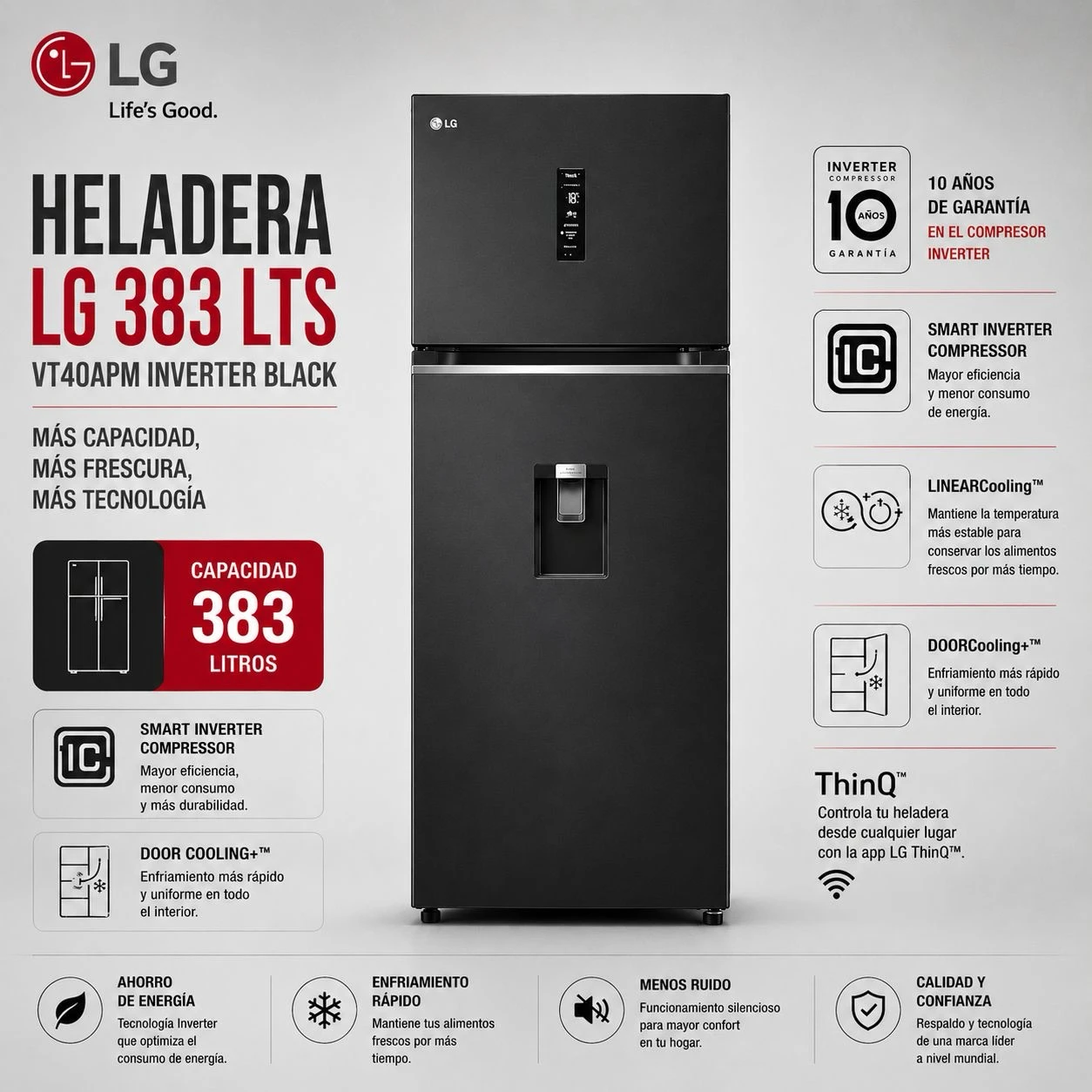 Heladera LG VT40APM 383 LTS INVERTER BLACK