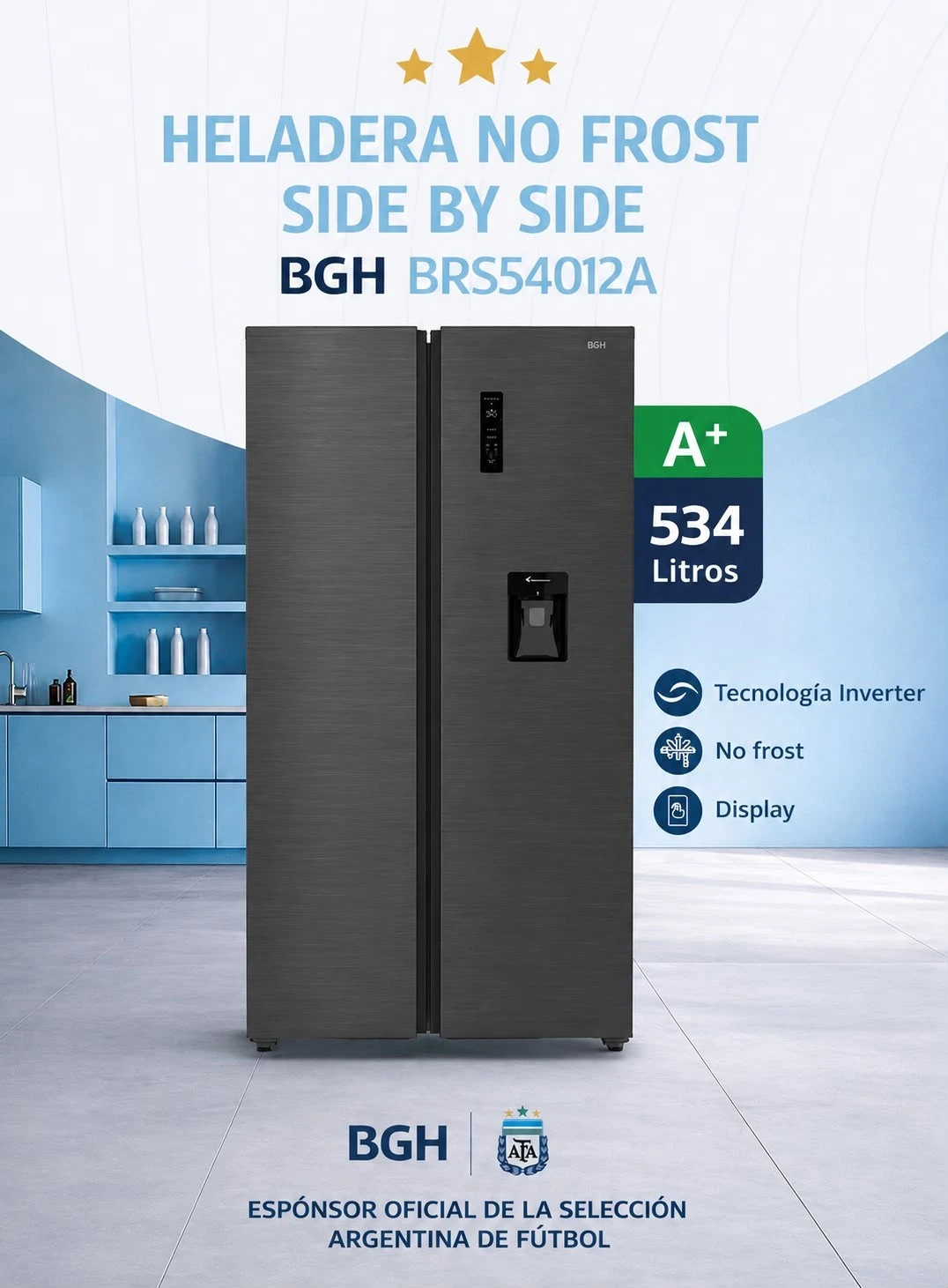 HELADERA SIDE BY SIDE BGH INVERTER A+ BRS54012A 534 LTS black* 