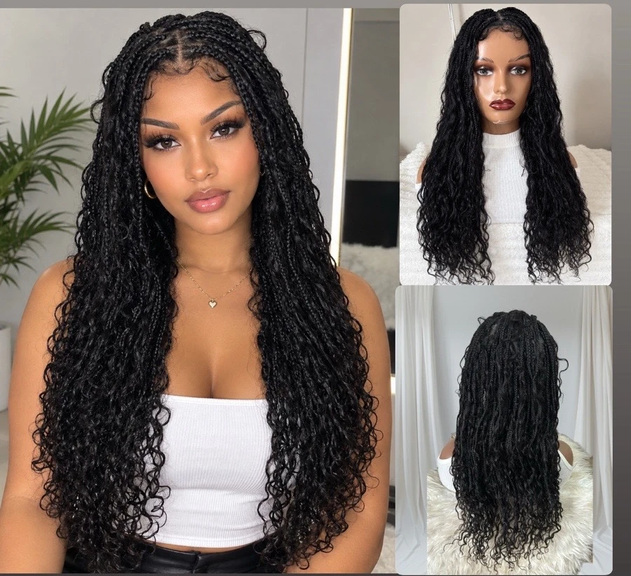 Peluca cabello humano  con trenzas sinteticas 24 pulgadas, frontla lace 360