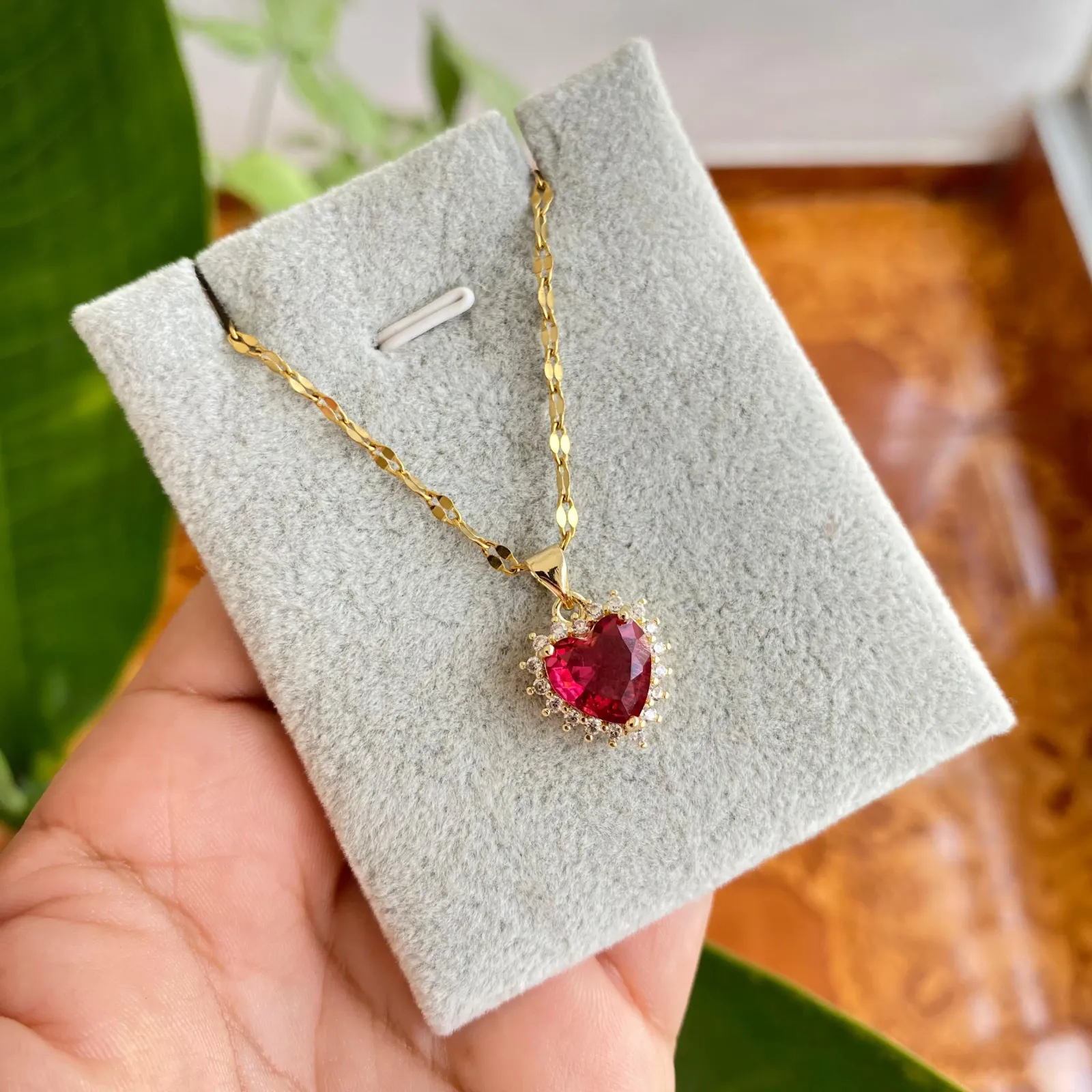 Cadena Y Dije En Acero Con Piedra Circon De Corazon Rojo 2
