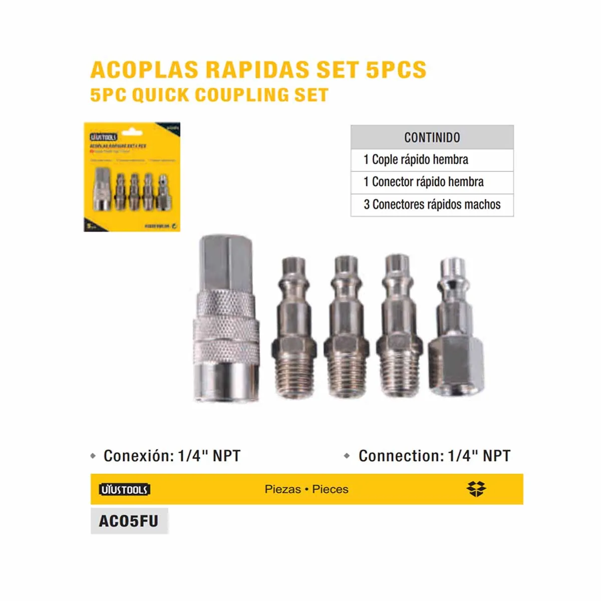 SET ACOPLES COMPRESOR (Plateado) Macho/Hembra UYUST ACO5FU de 5 PZS