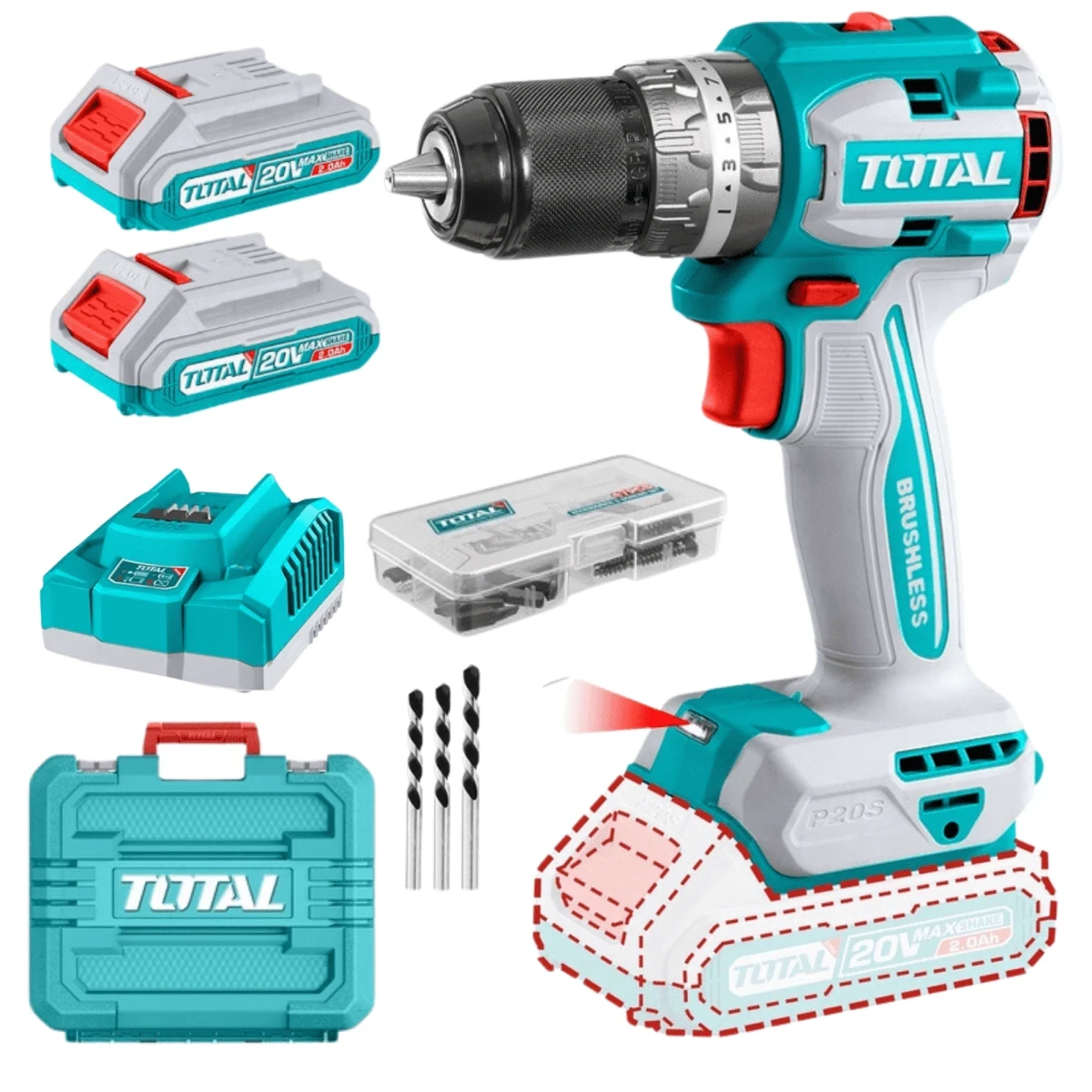 TIDLI20602 Taladro atornillador percutor brushless chuck metálico 20v +2 baterías 2.0ah total