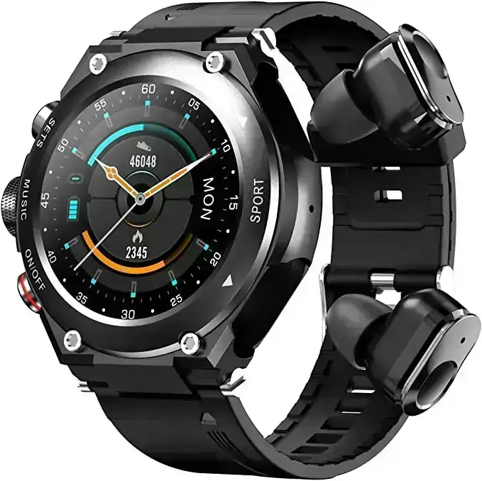 Reloj inteligente T92 con auriculares MP3 Bluetooth 3 en 1 de 1.28 pulgadas, auriculares inalámbricos incorporados, altavoz, rastreador de fitness, música, temperatura corporal, monitor de frecuencia cardíaca (negro)
