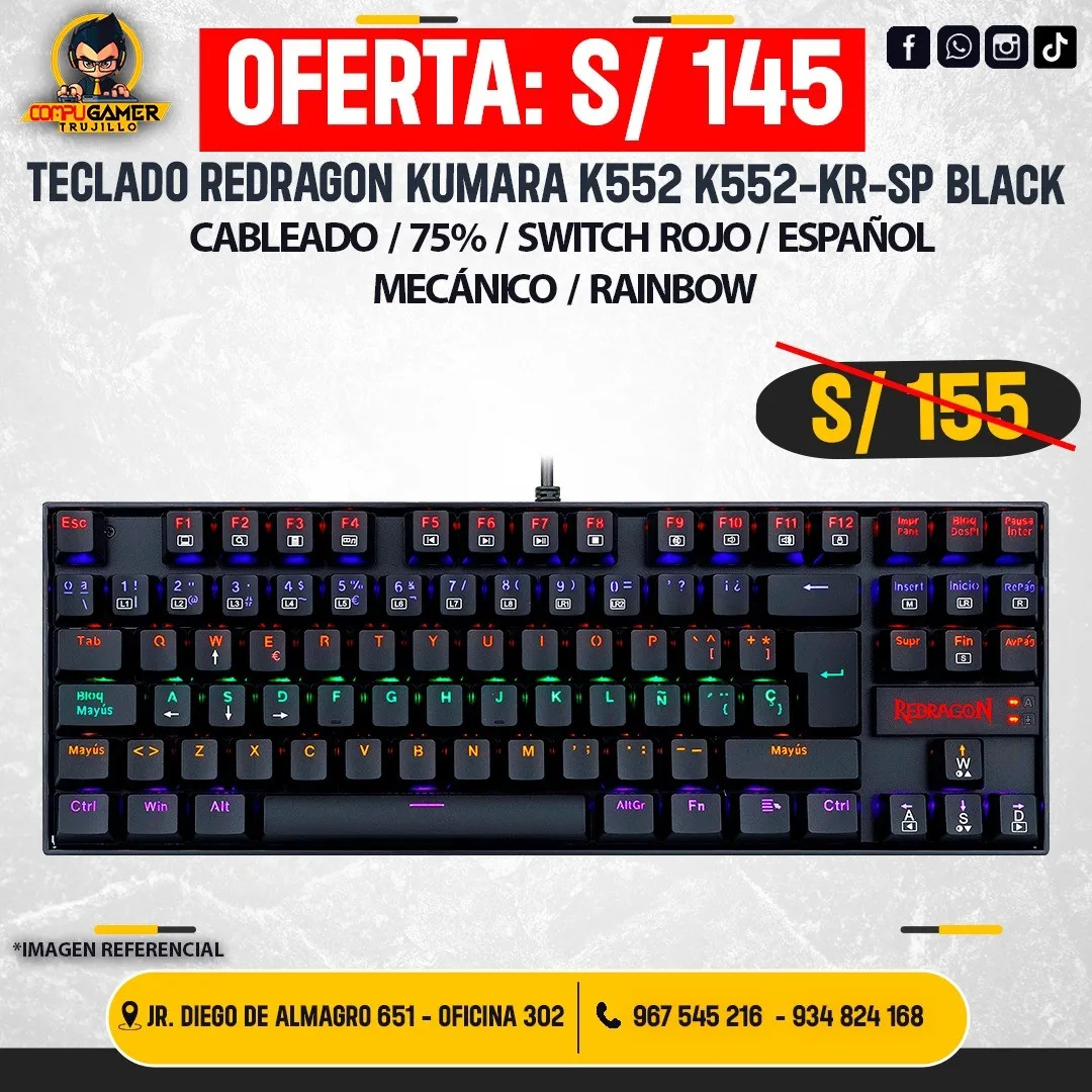 TECLADO MECÁNICO REDRAGON KUMARA K552-KR RAINBOW BLACK