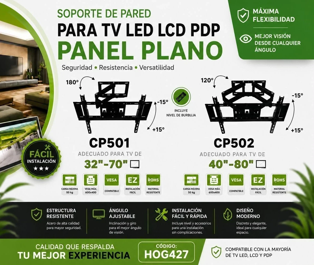 SOPORTE TV ARTICULADO 40" A 80" HOG427*