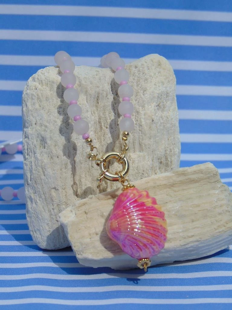 CHOKER ACERO DOR CUARZO ROSA REDON DIJE CONCHA TORNAZOL BROCHE MARINERO