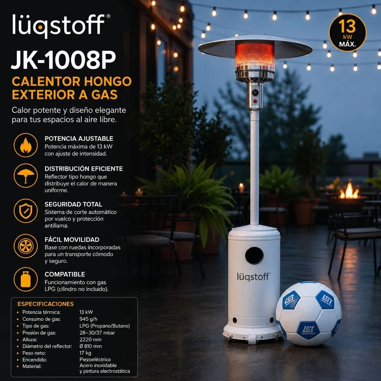 CALEFACTOR LÜQSTOFF EXTERIOR JK-1008 A GAS* 
