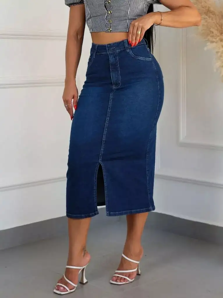 Saia Jeans MIDI com Fenda  2