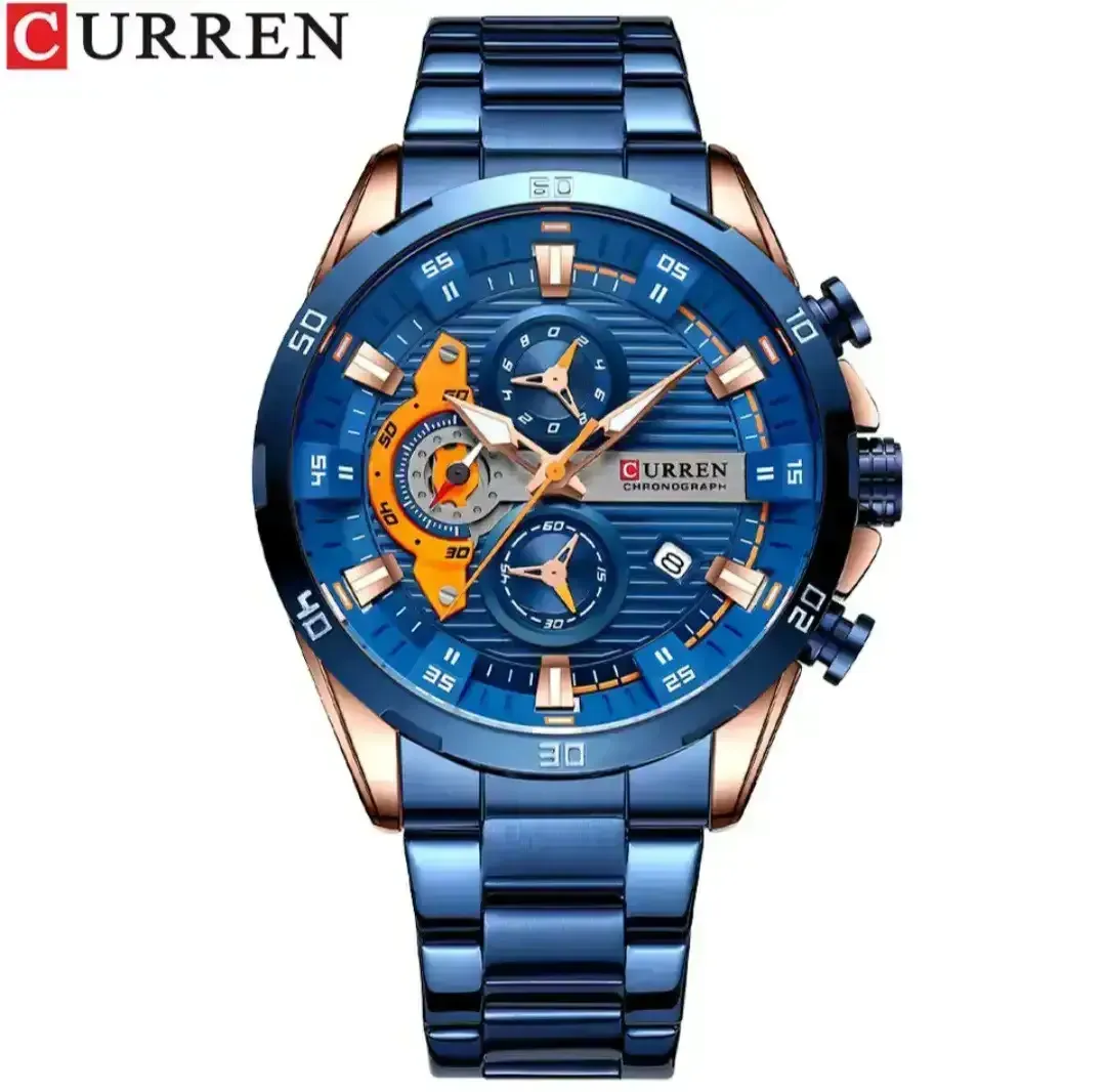 Reloj Curren Original Acero Cronografo 8402 Azul Cobrizo Fondo Azul Detalles Naranjas 2
