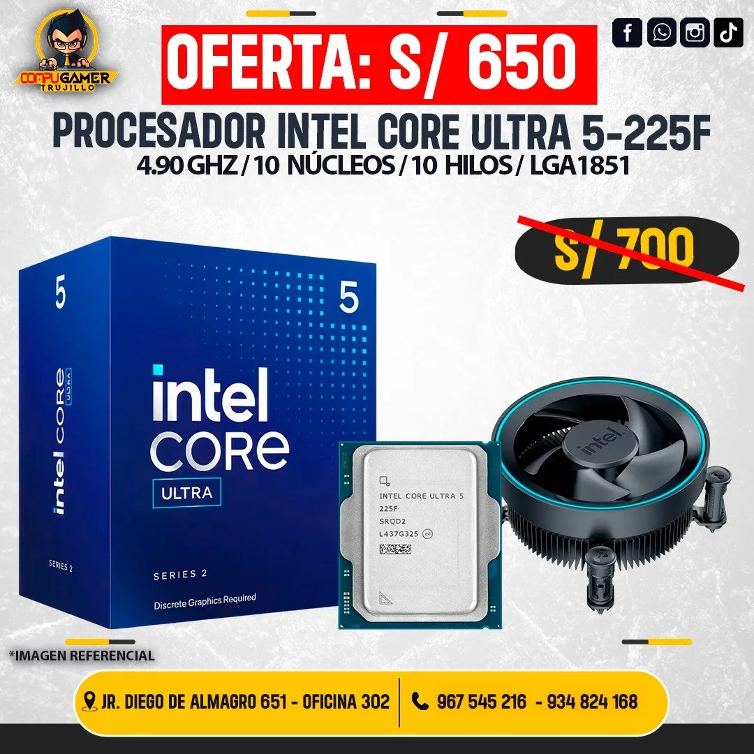 PROCESADOR INTEL CORE ULTRA 5-225F, 10 NÚCLEOS, 10 HILOS, 4.90GHZ
