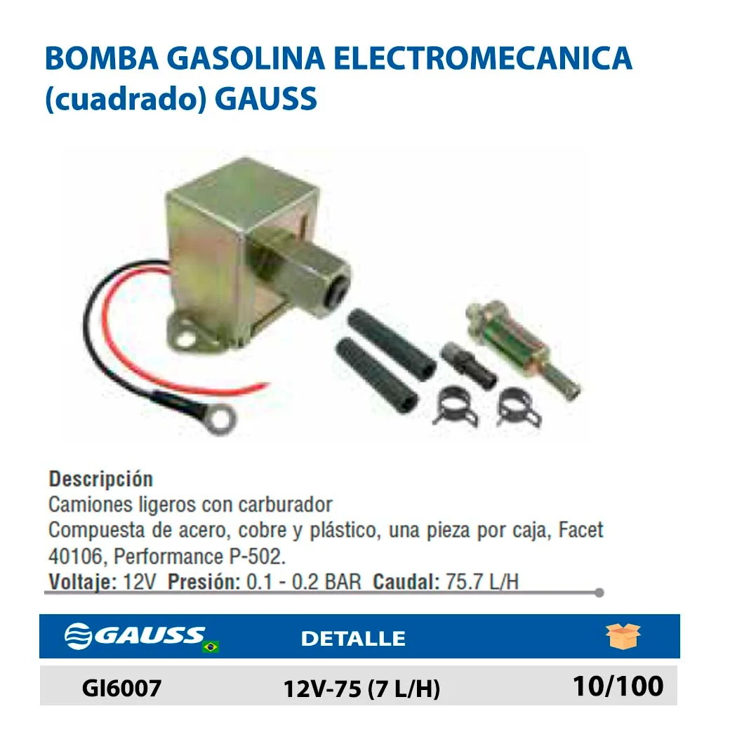 BOMBA GASOLINA ELECTROMECANICA (cuadrado) GAUSS 12V-75 (7 L/H)
