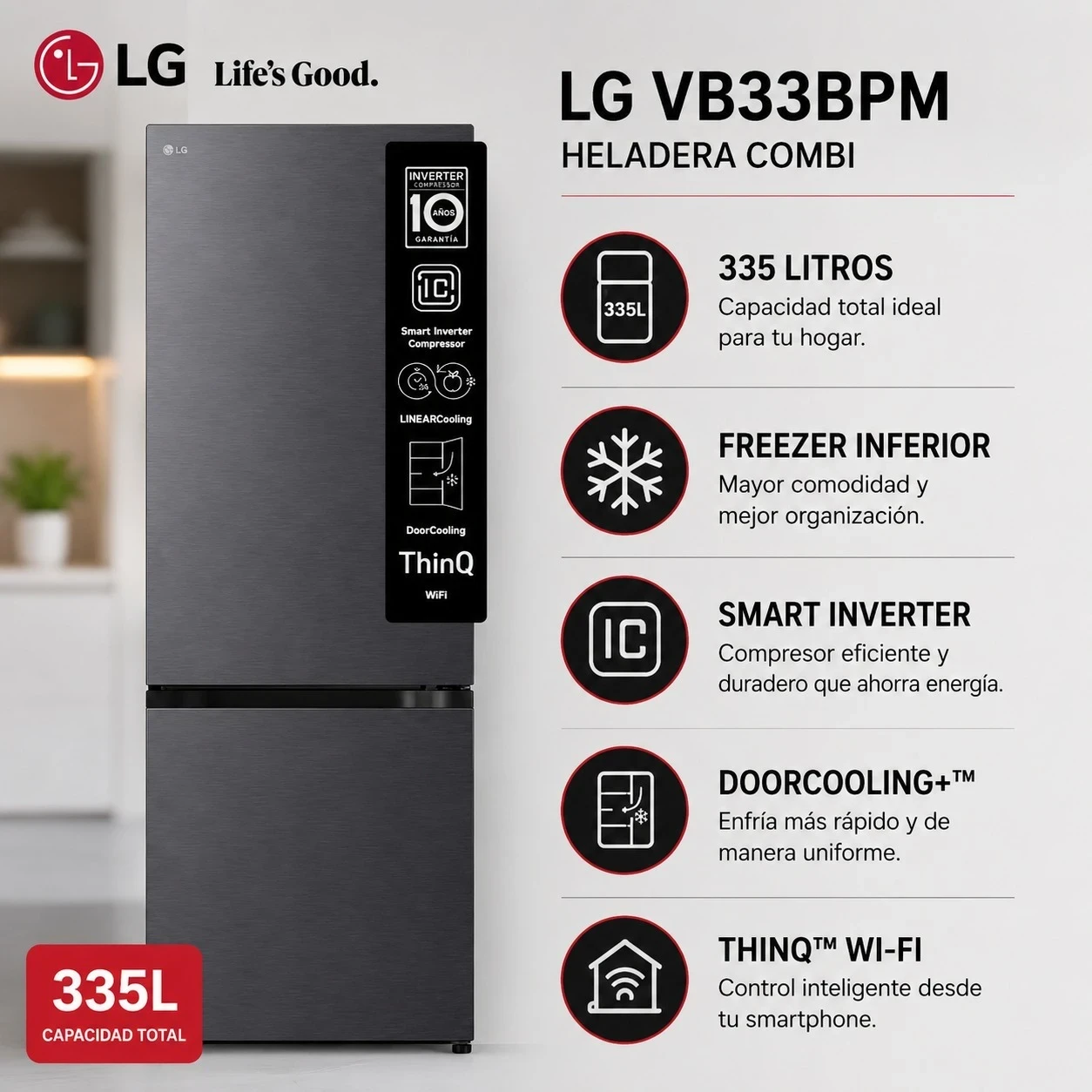 HELADERA COMBI LG VB33BPM – 335 L - NEGRO MATE