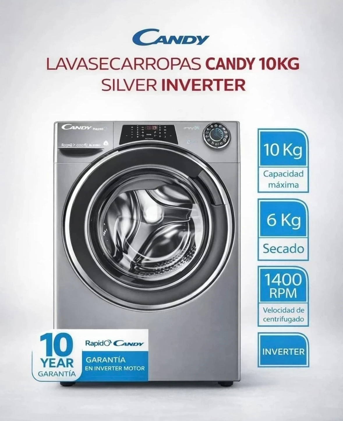 Lavasecarropas Candy Lavado 10k Secado 6k silver inverter