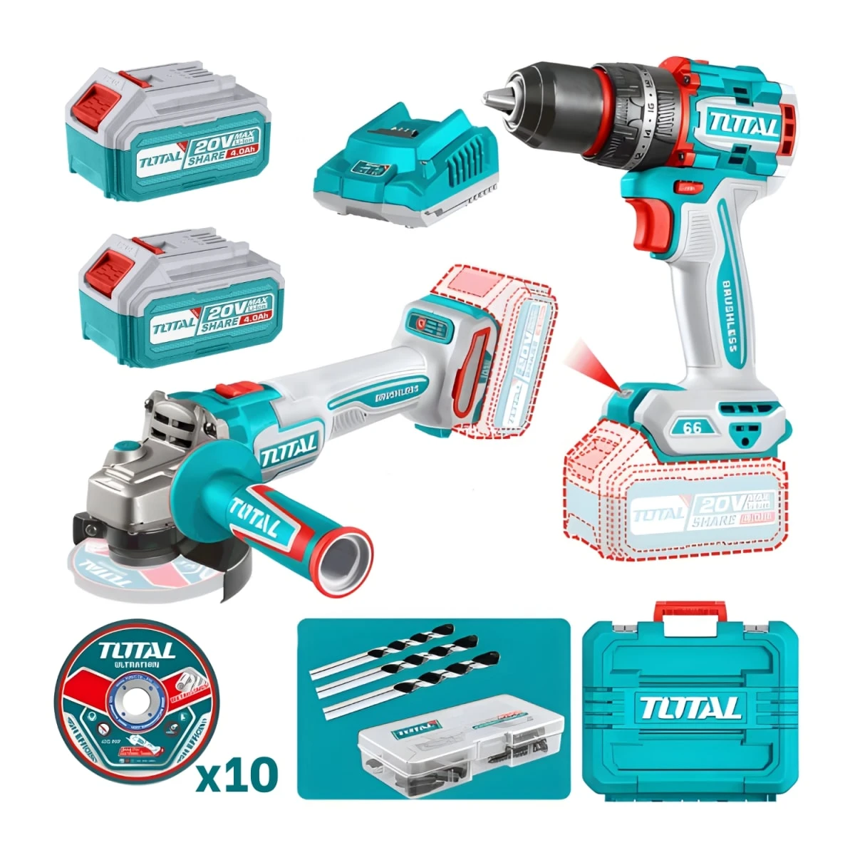 TAGLI21154-TIDLI20668 Amoladora angular 4 ½" inalámbrica total + taladro percutor 66nm con bateria y cargador