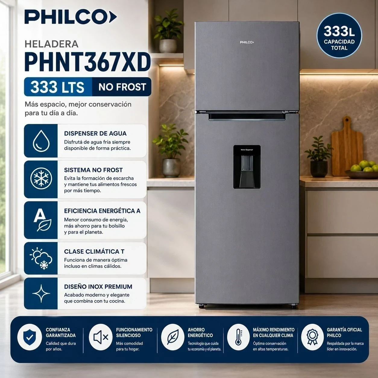 HELADERA PHILCO PHNT367XD C/DISPENSER NO FROST 