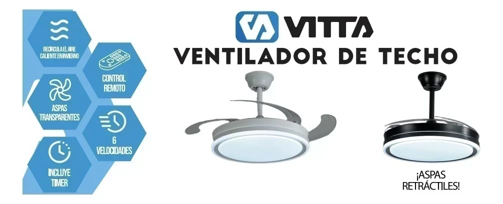 VENTILADOR DE TECHO RETRACTIL VITTA C/LUZ CALIDA Y 6 VELOCIDADES 
