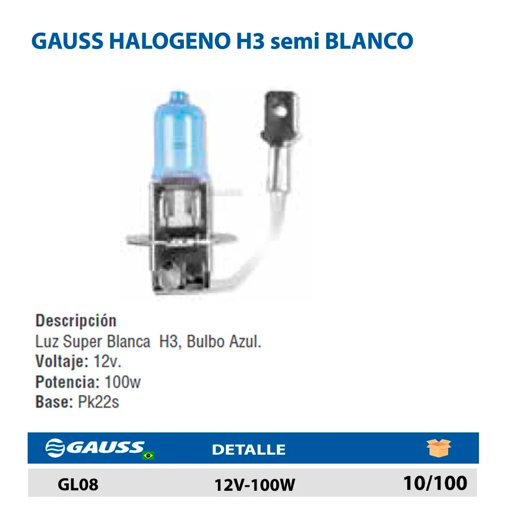 GAUSS HALOGENO H3 semi BLANCO 12V-100W