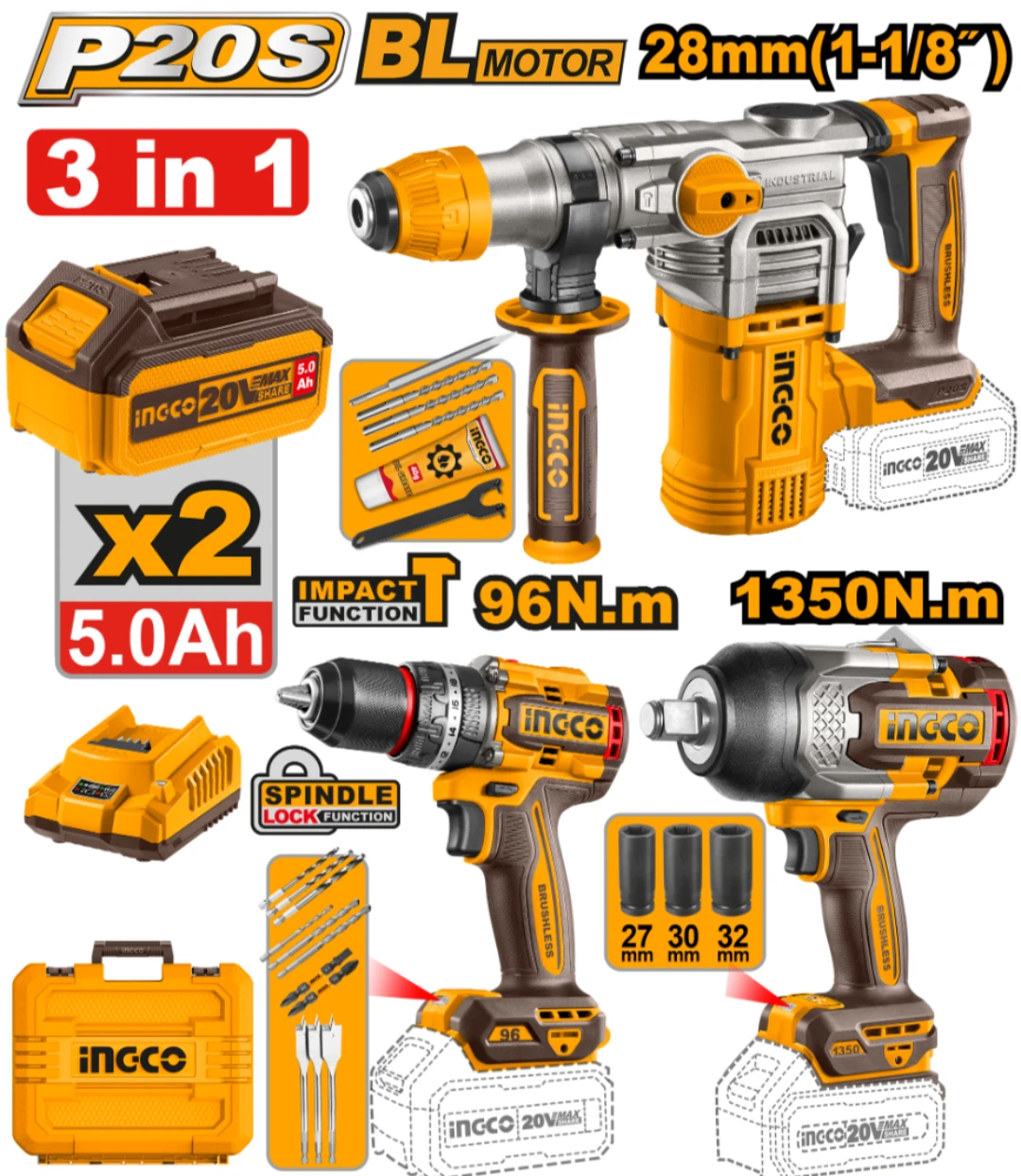 KIT COMBO A BATERIA P20S ROTOMARTILLO 28MM + TALADRO ATORNILLADOR C/PERCUTOR 96NM + LLAVE DE IMPACTO 3/4" 1350NM C/2 BAT