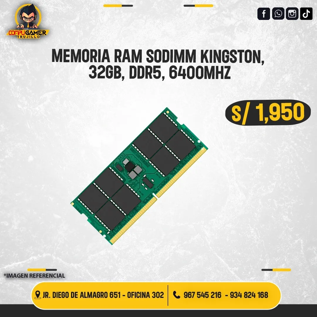 MEMORIA RAM SODIMM KINGSTON, 32GB, DDR5, 6400MHZ
