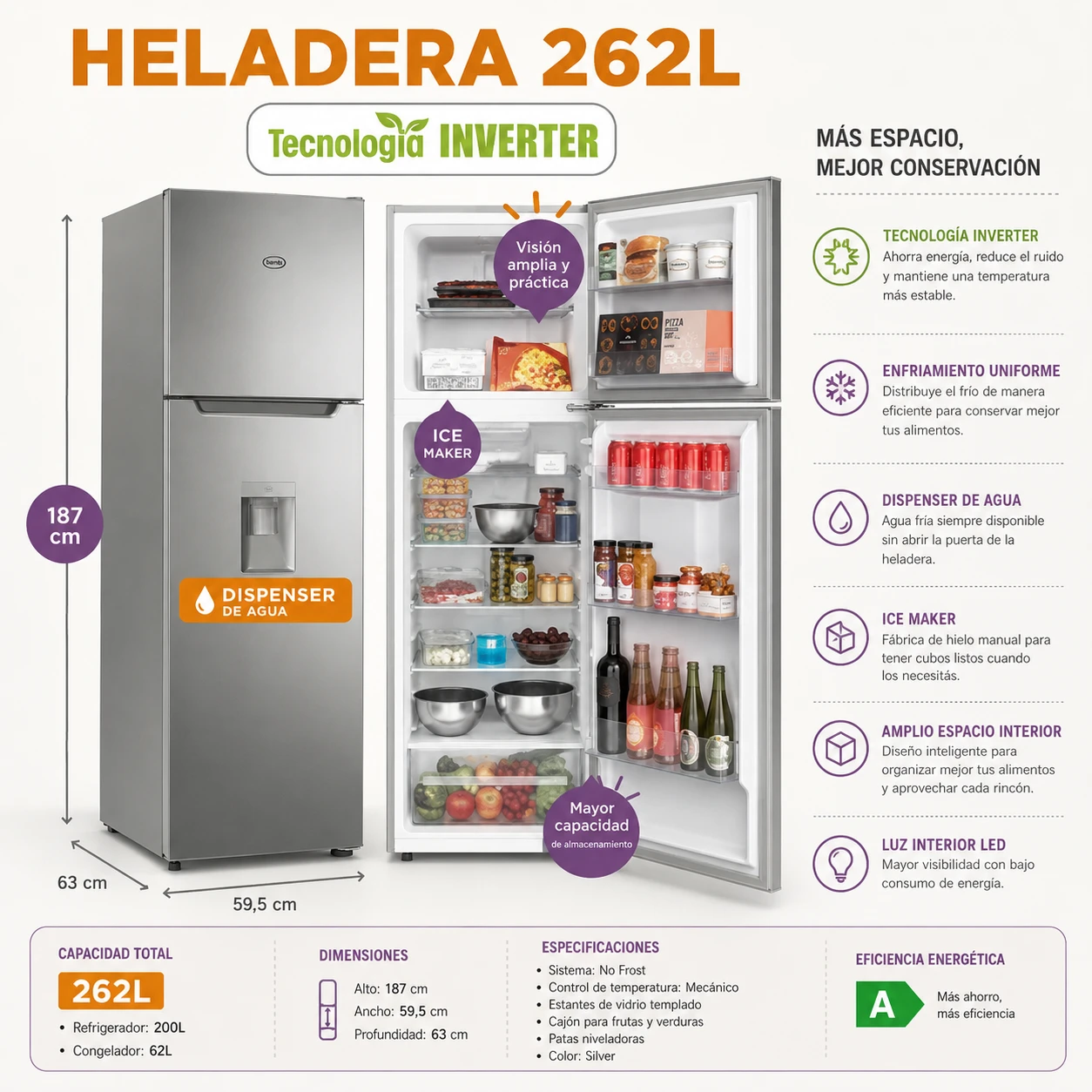 HELADERA GAFA 262LTS CON DISPENSER INVERTER SILVER