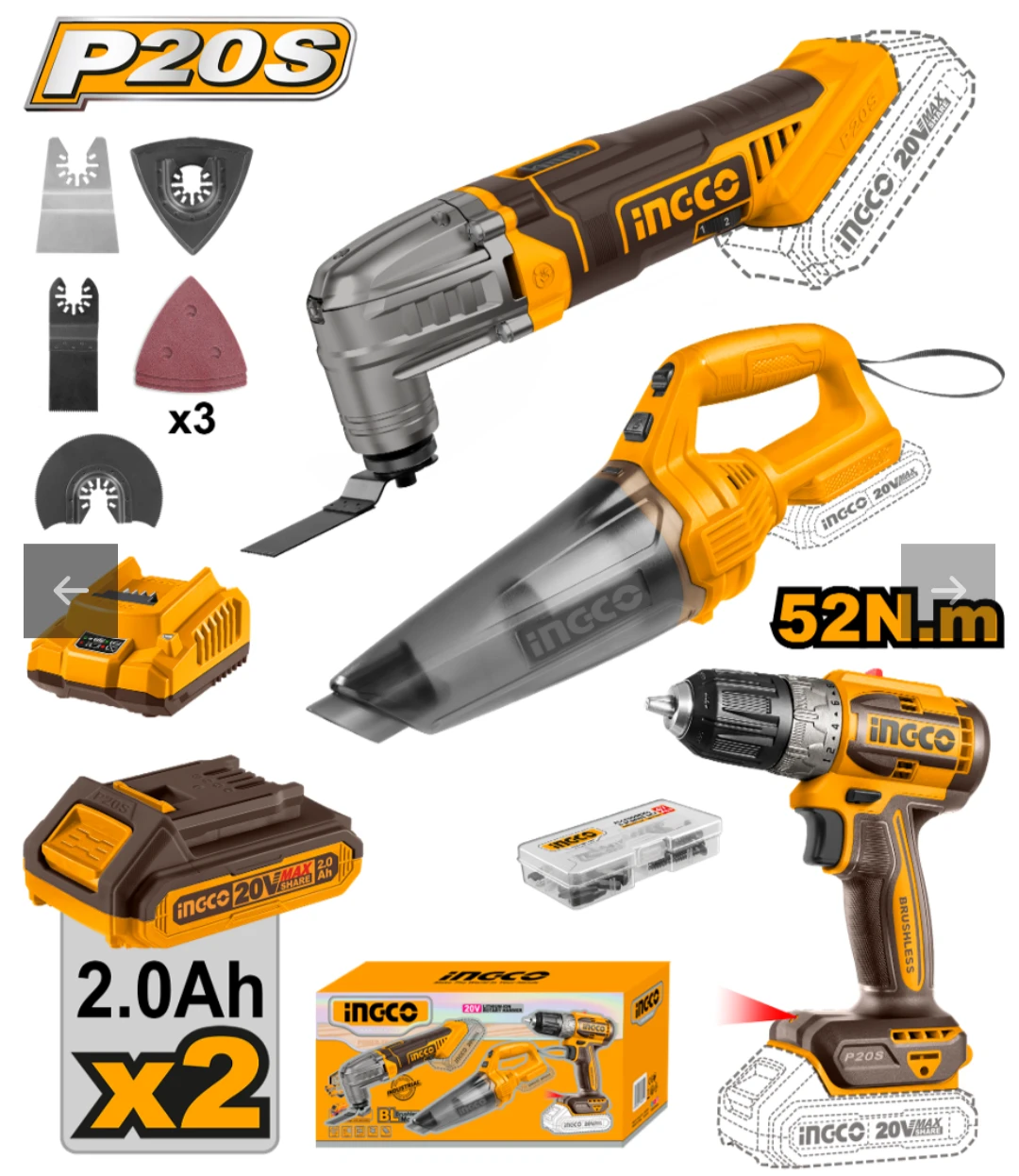 COMBO TALADRO ATORNILLADOR 10MM 52NM 20V P20S BRUSHLESS + HERRAMIENTA MULTIFUNCION A BATERIA 20V P20S + ASPIRADORA A BAT