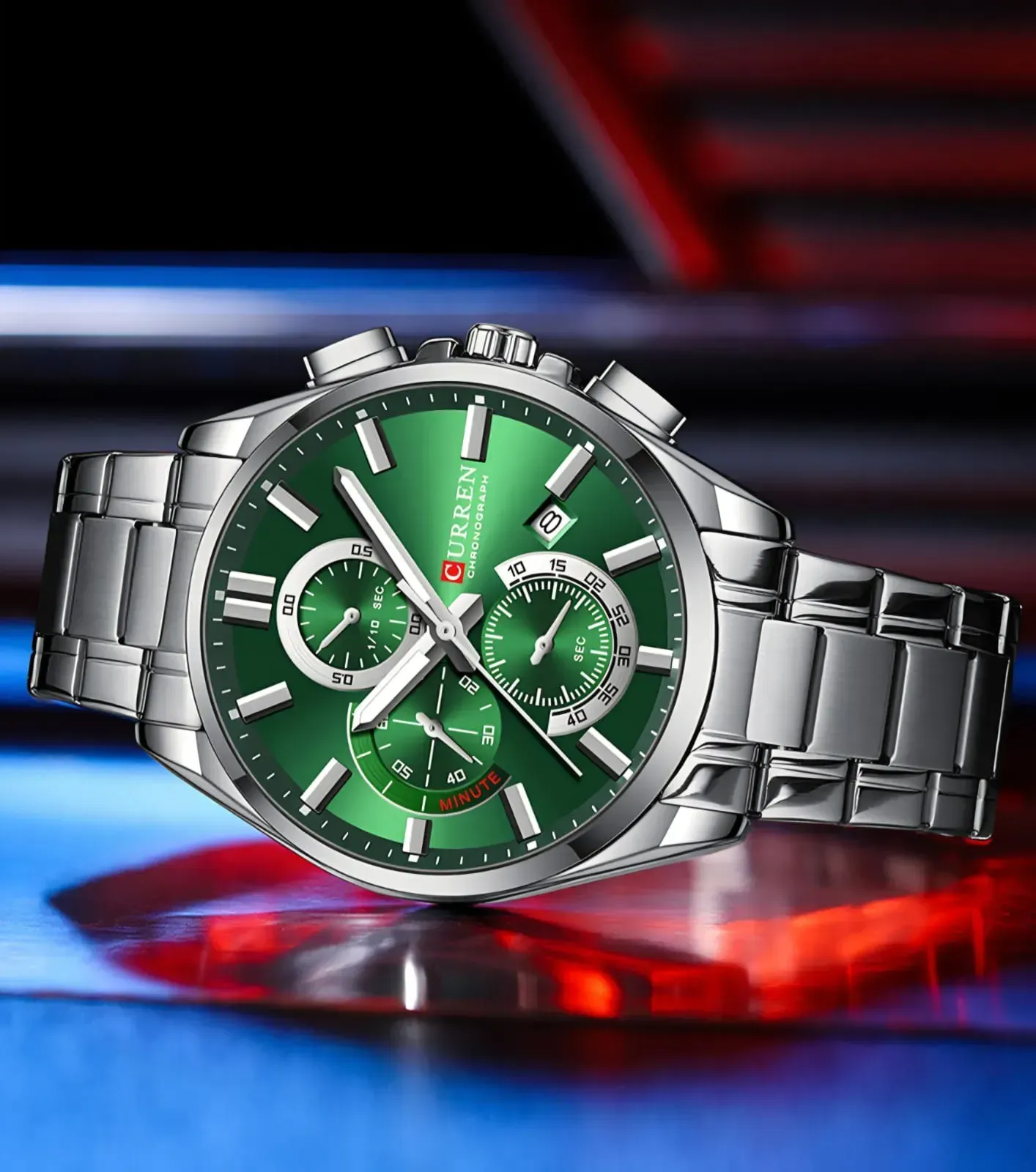 Reloj Curren Original Acero Cronografo 8475 Plateado Fondo Verde 4