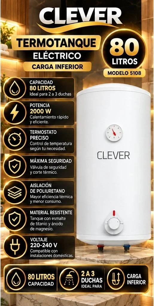 TERMOTANQUE ELECTRICO 80L CLEVER CARGA INFERIOR CONSULTAR DISPONIBILIDAD CON EL VENDEDOR 