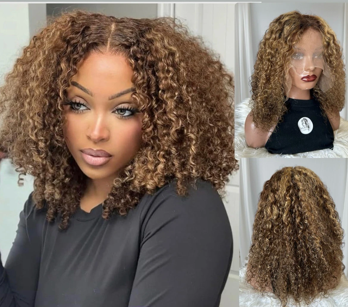 Peluca rizada de cabello humano de 18 pulgadas, frontal 13x4 color 4/27