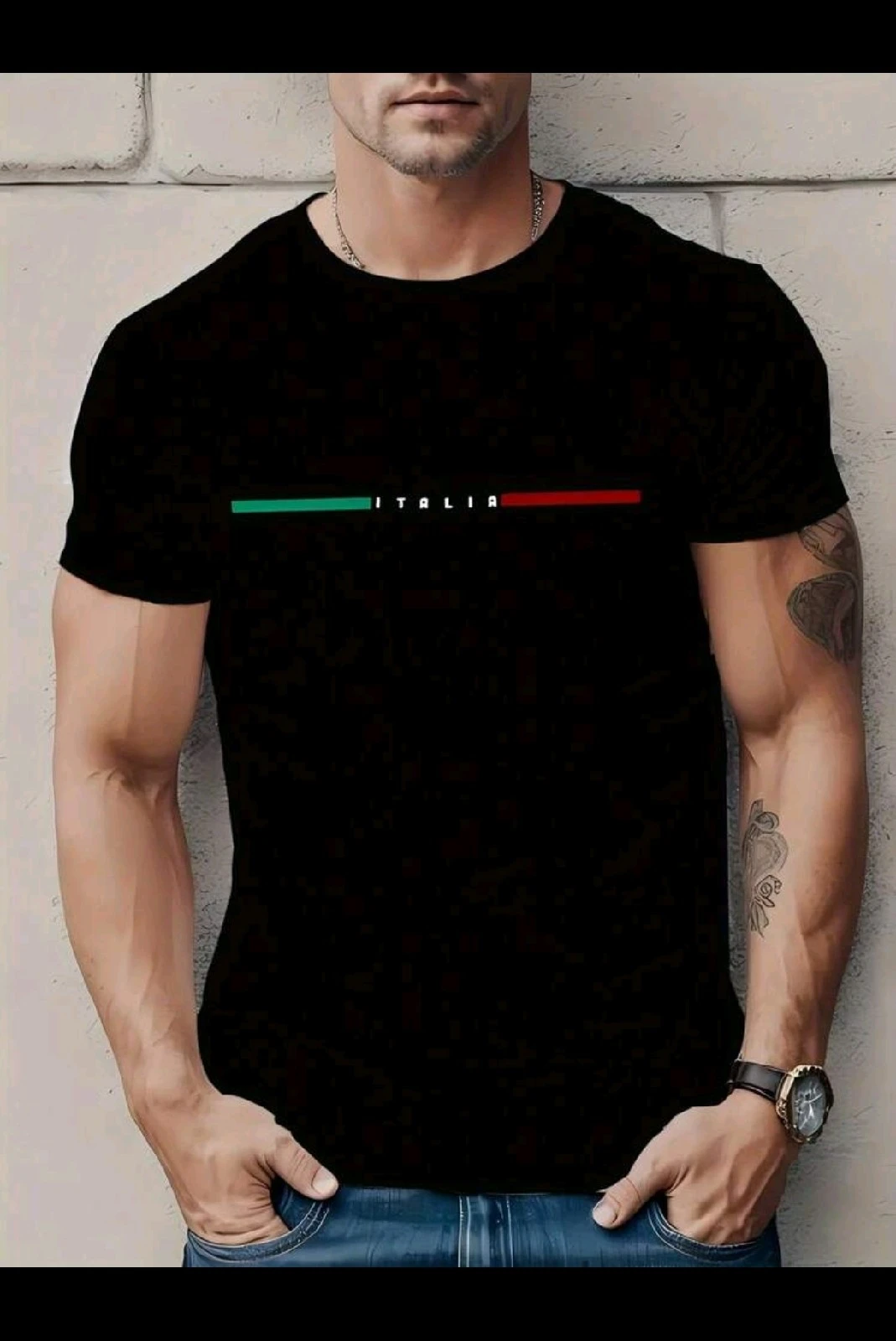Franela de Hombre Minimalista "ITALIA" en Tela Tricotada - Camiseta Negra de Manga Corta y Cuello Redondo