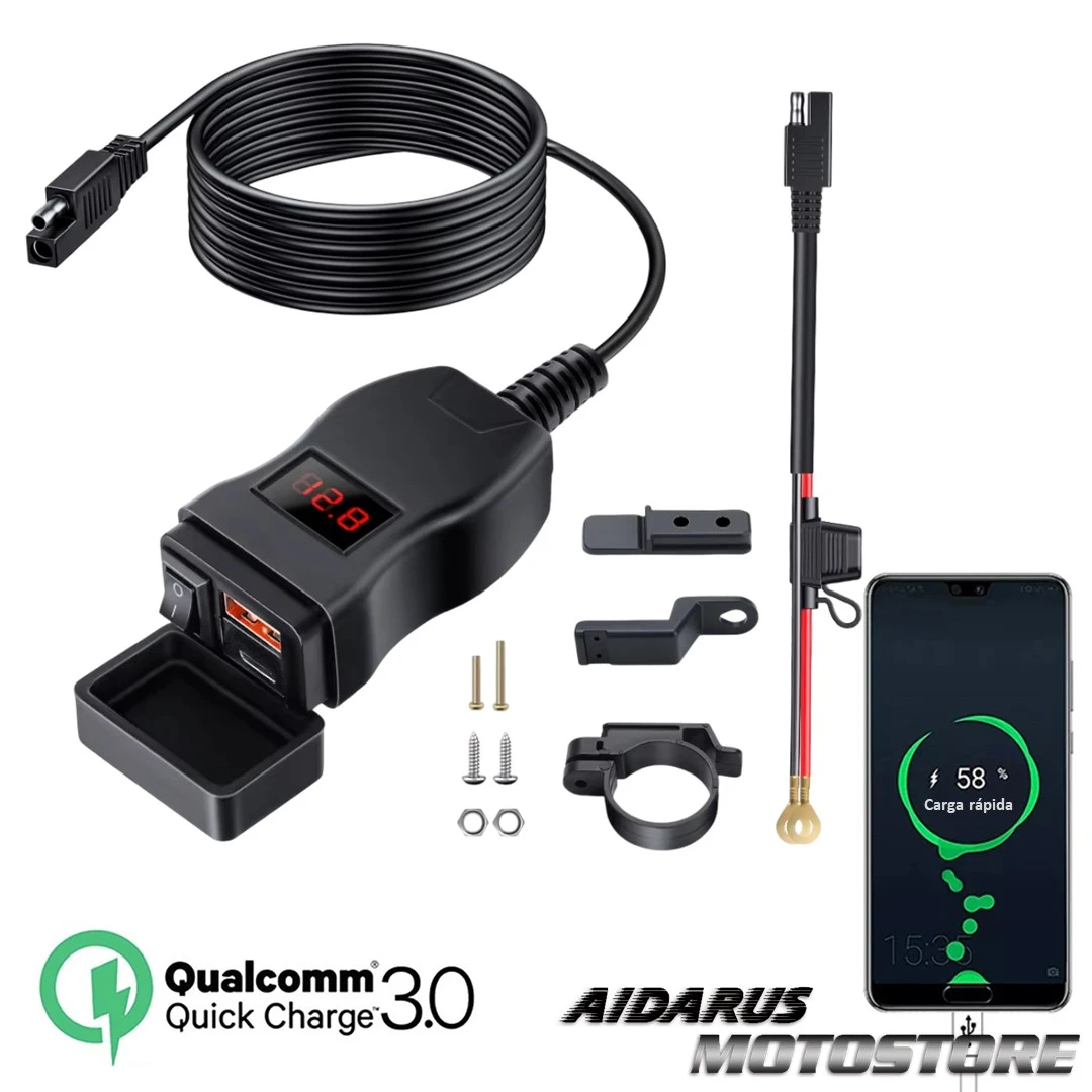 CARGADOR RÁPIDO USB + TIPO C CON VOLTIMETRO DIGITAL PARA MOTOCICLETA