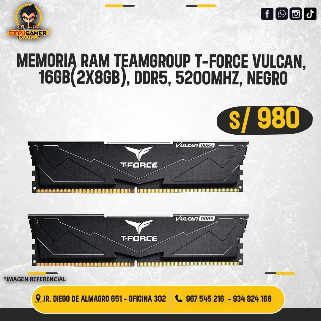 MEMORIA RAM TEAMGROUP T-FORCE VULCAN 16GB, DDR5, 5200MHZ, NEGRO