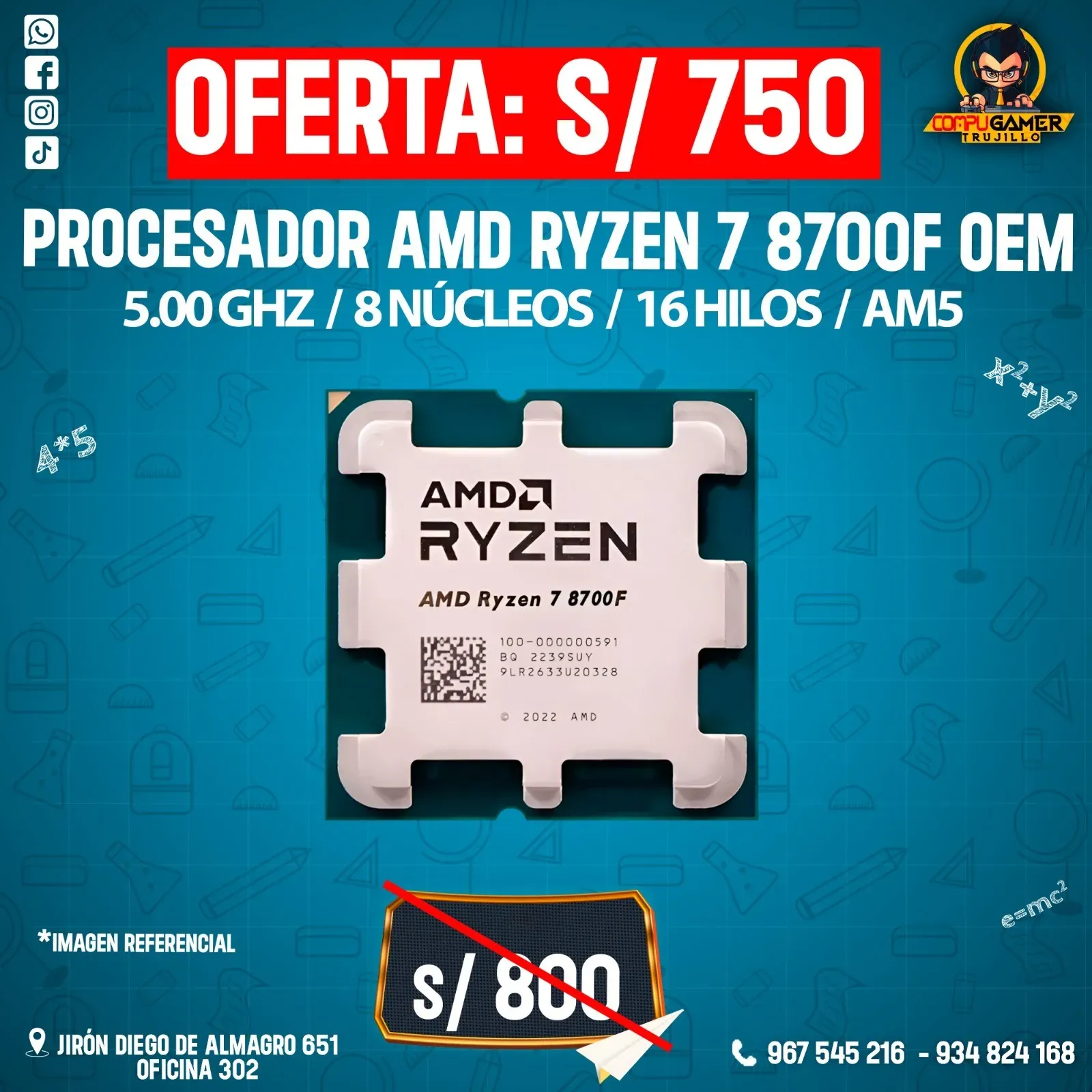 PROCESADOR AMD RYZEN 7 8700F OEM, 5.00GHZ, 8 NÚCLEOS, 16 HILOS, AM5