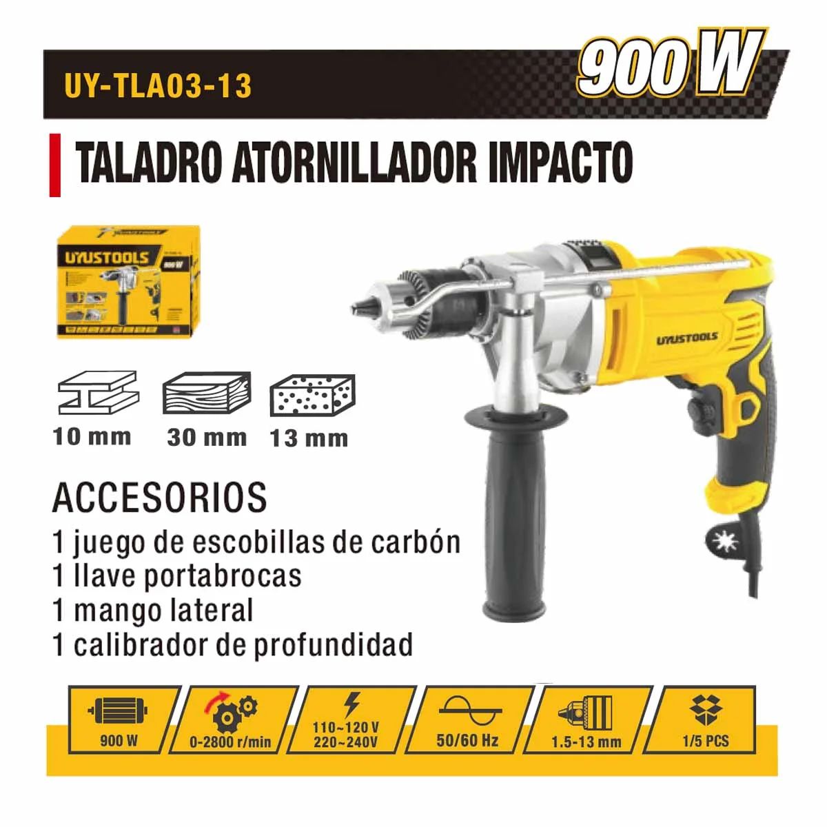 TALADRO ATORNILLADOR UYUST 13MM 900W