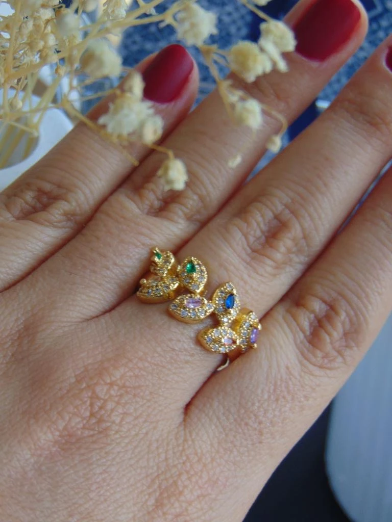 ANILLO ACERO DOR MINI HOJAS COLORS 