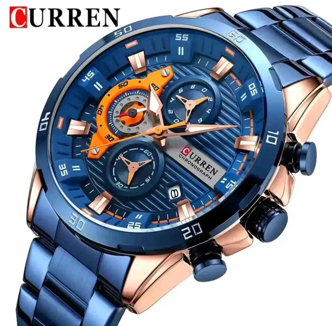 Reloj Curren Original Acero Cronografo 8402 Azul Cobrizo Fondo Azul Detalles Naranjas