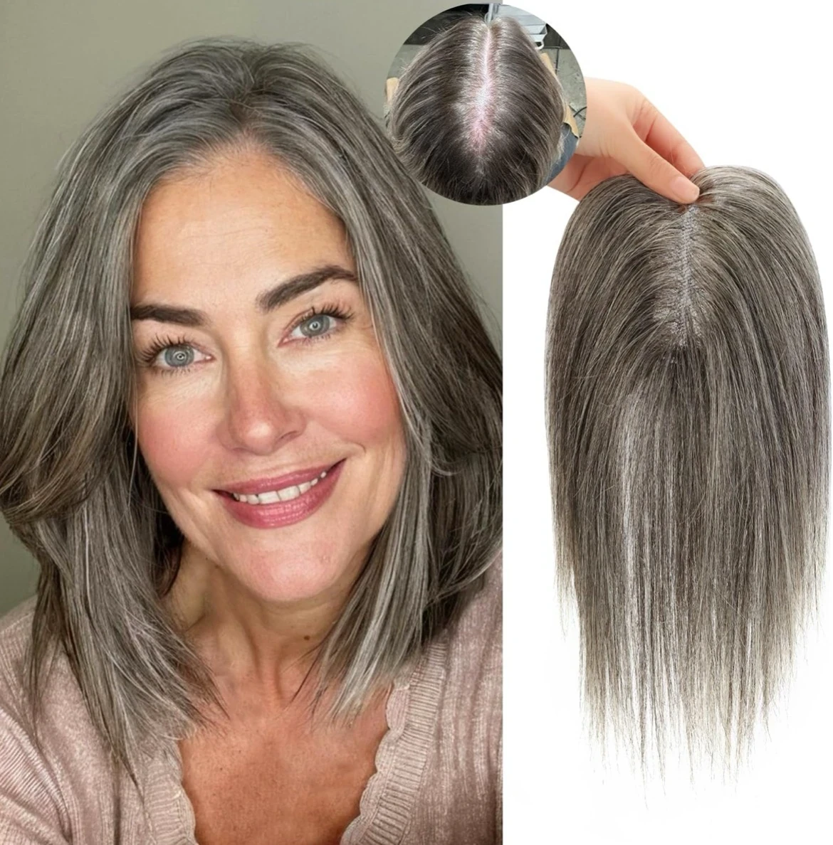  Toppers para el cabello humano real para mujer, color gris sal y pimienta, 