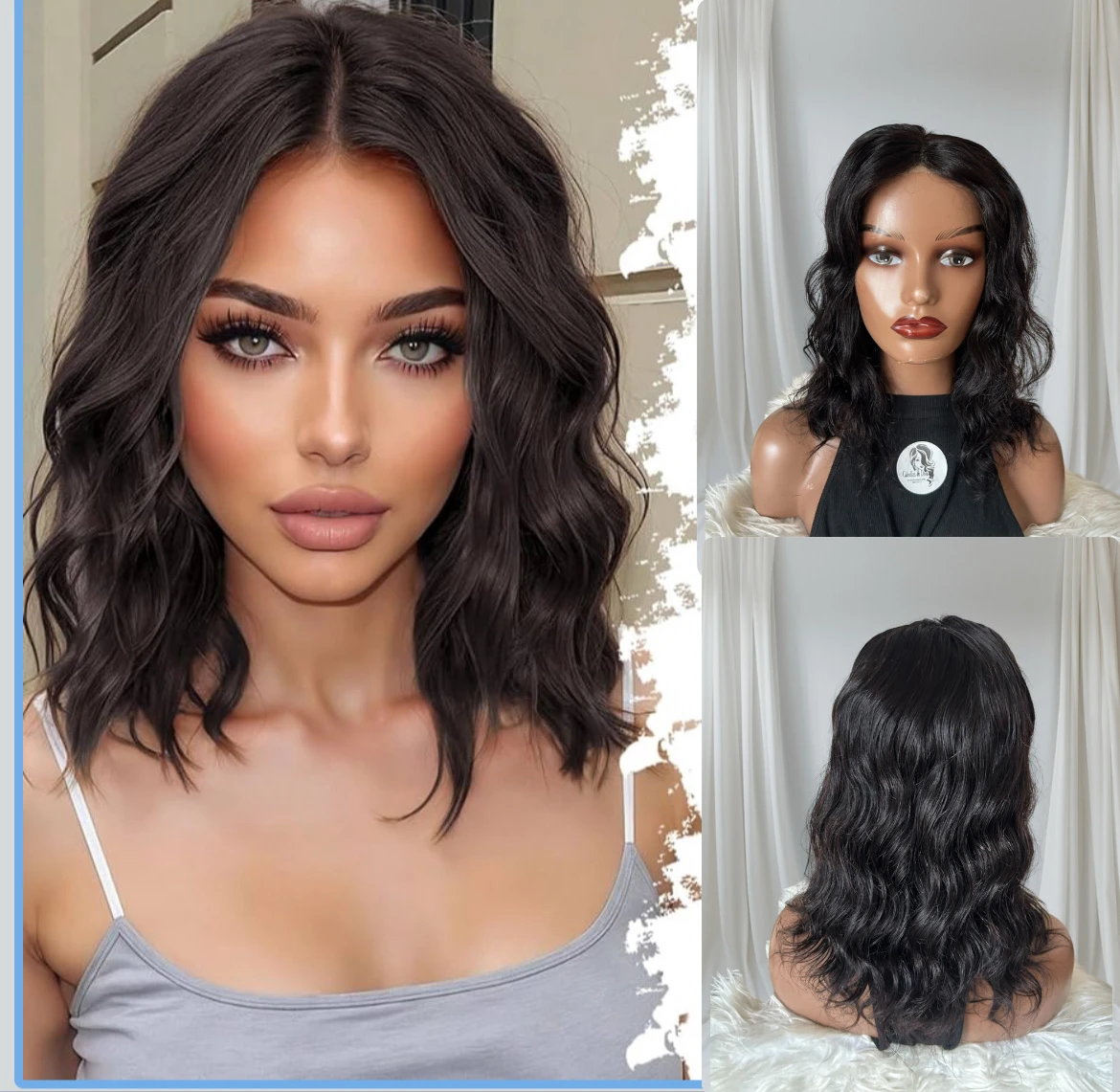Peluca cabello humano ondulado, 14 pulgadas, frontal lace 4x4 glueless 
