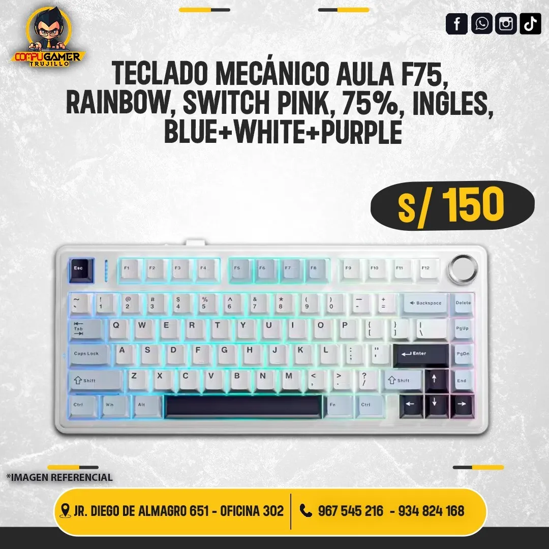 TECLADO MECÁNICO AULA F75, RAINBOW, SWITCH PINK, 75%, INGLÉS, BLUE+WHITE+PURPLE