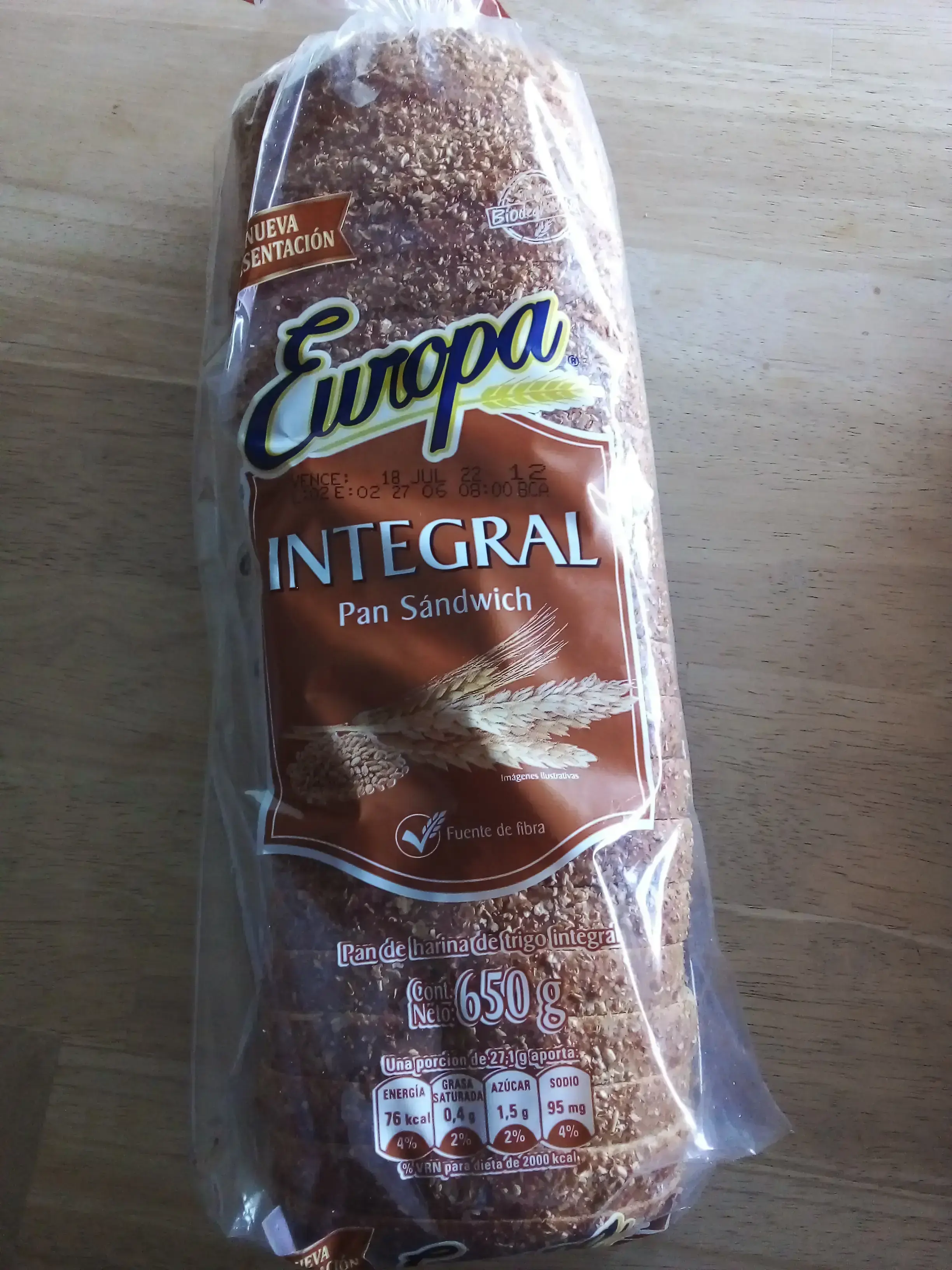 Pan europa integral pan sandwich de 650 g