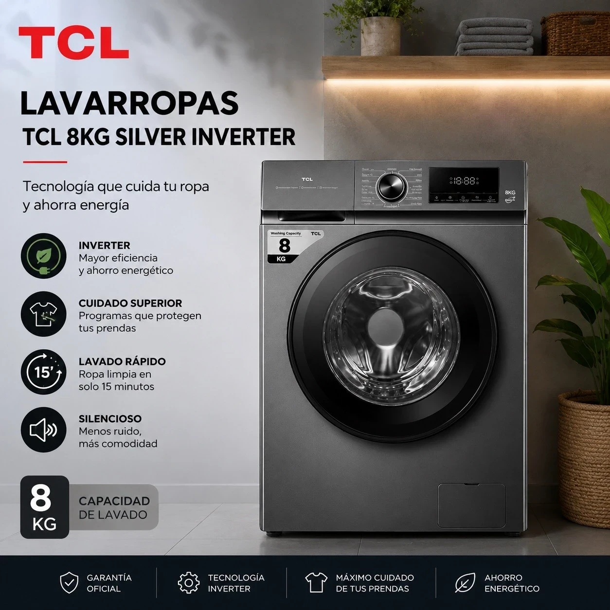 LAVARROPAS TCL FRONTAL 8 KG 1400 RPM INVERTER  GRIS ‼️RETIRO INMEDIATO ‼️ 