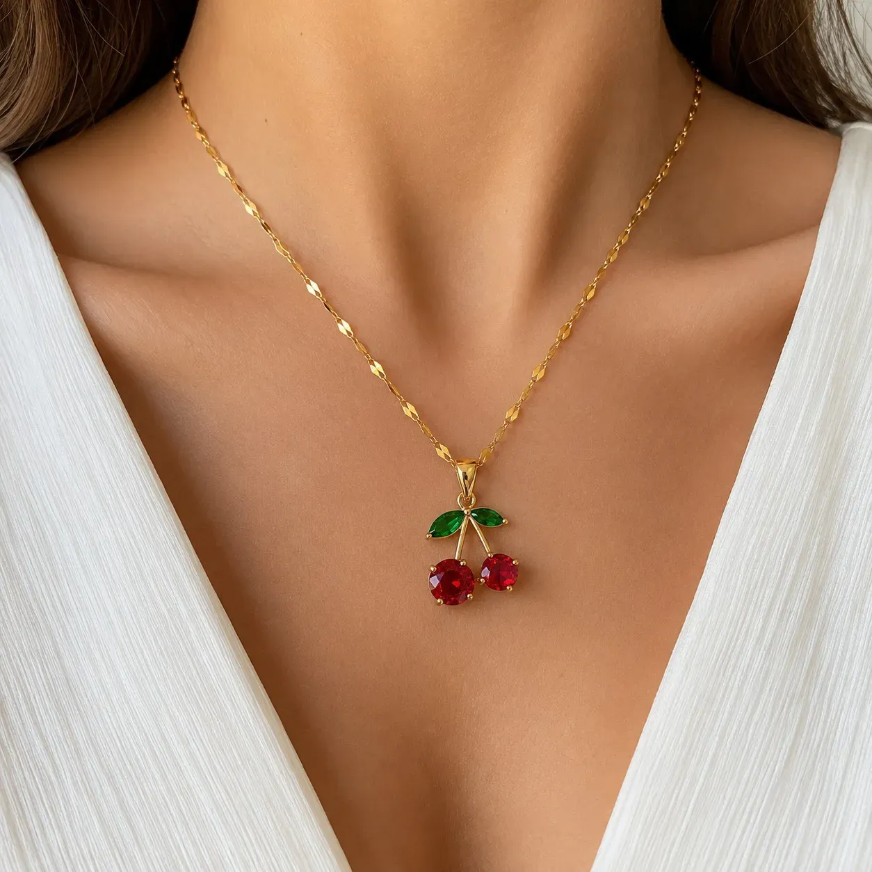 Cadena Y Dije En Acero Con Piedra Circon De Cereza Roja Grande 3