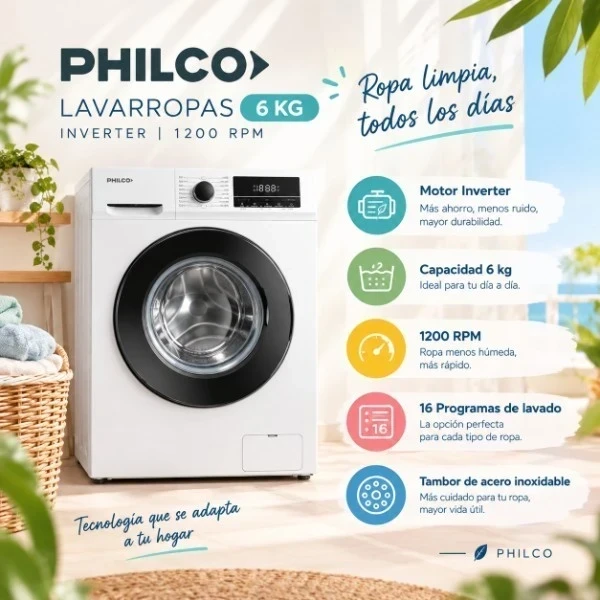 LAVARROPAS PHILCO 6 KG INVERTER -1200 RPM BLANCO